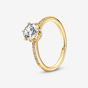 Pandora Clear Sparkling Crown Solitaire Heart & Promise Rings Gold Plated | 1793-QTBWI