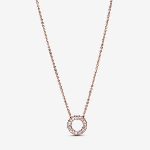 Pandora Logo Pavé Circle Collier Pendant Necklaces Rose Gold Plated | 3709-CNXBW