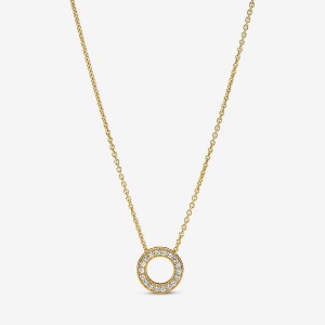 Pandora Logo Pavé Circle Collier Pendant Necklaces Gold Plated | 8974-AQZIE