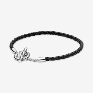 Pandora Moments Braided Leather T-bar Charm Holders Sterling Silver | 9382-CHXPF