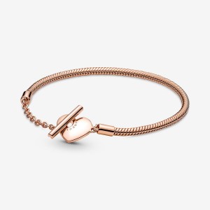 Pandora Moments Heart T-Bar Snake Charm Bracelets Rose Gold Plated | 1940-DZIQM