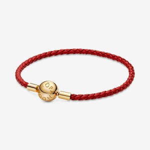 Pandora Moments Red Woven Leather Charm Bracelets Gold Plated | 7925-PEVKQ