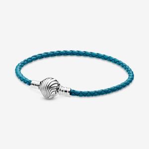 Pandora Moments Seashell Clasp Turquoise Braided Leather Charm Holders Sterling Silver | 7903-SVUCM