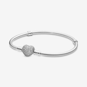 Pandora Moments Sparkling Heart Clasp Snake Charm Holders Sterling Silver | 7093-GFAZW