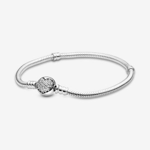 Pandora Moments Sparkling Heart Clasp Snake Charm Bracelets Sterling Silver | 8571-BGHRL