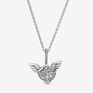 Pandora Pavé Heart and Angel Wings Pendant Necklaces Sterling Silver | 1753-OETGA