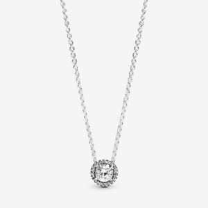 Pandora Round Sparkle Halo Chain Necklaces Sterling Silver | 5260-SEACB