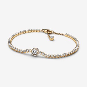 Pandora Sparkling Halo Tennis Non-charm Bracelets Gold Plated | 4931-HPRKL