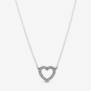 Pandora Sparkling Open Heart Chain Necklaces Sterling Silver | 6421-QMETH