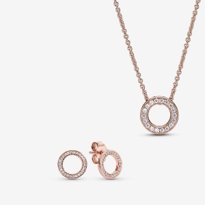 Pandora Sparkling Pave Circle Jewelry Gift Set Necklace & Earring Sets Rose Gold Plated | 7604-NEFHS