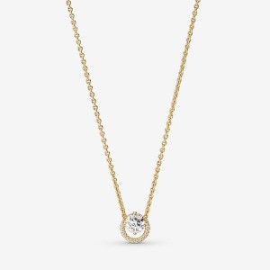 Pandora Sparkling Round Halo Collier Pendant Necklaces Gold Plated | 0785-BSYXP