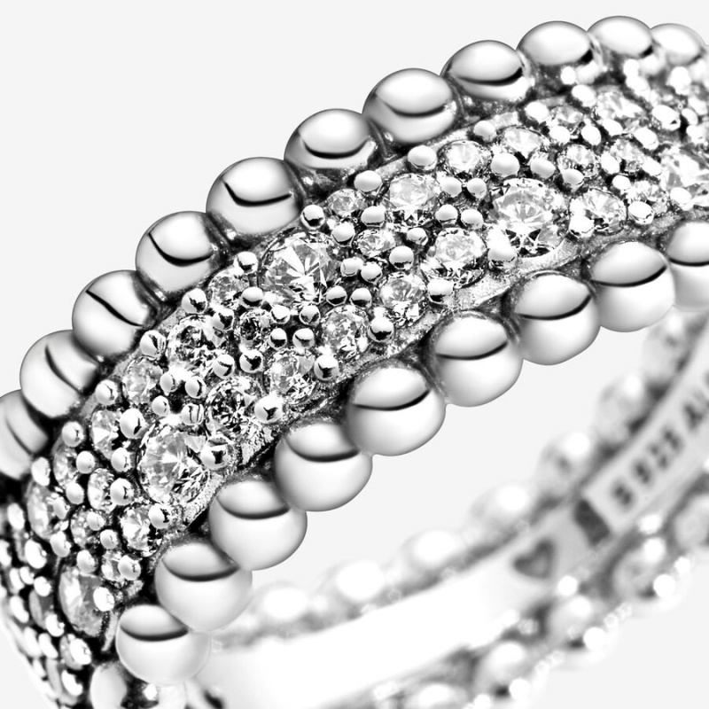 Pandora Beaded Pavé Band Rings Sterling Silver | 3218-WJXBI