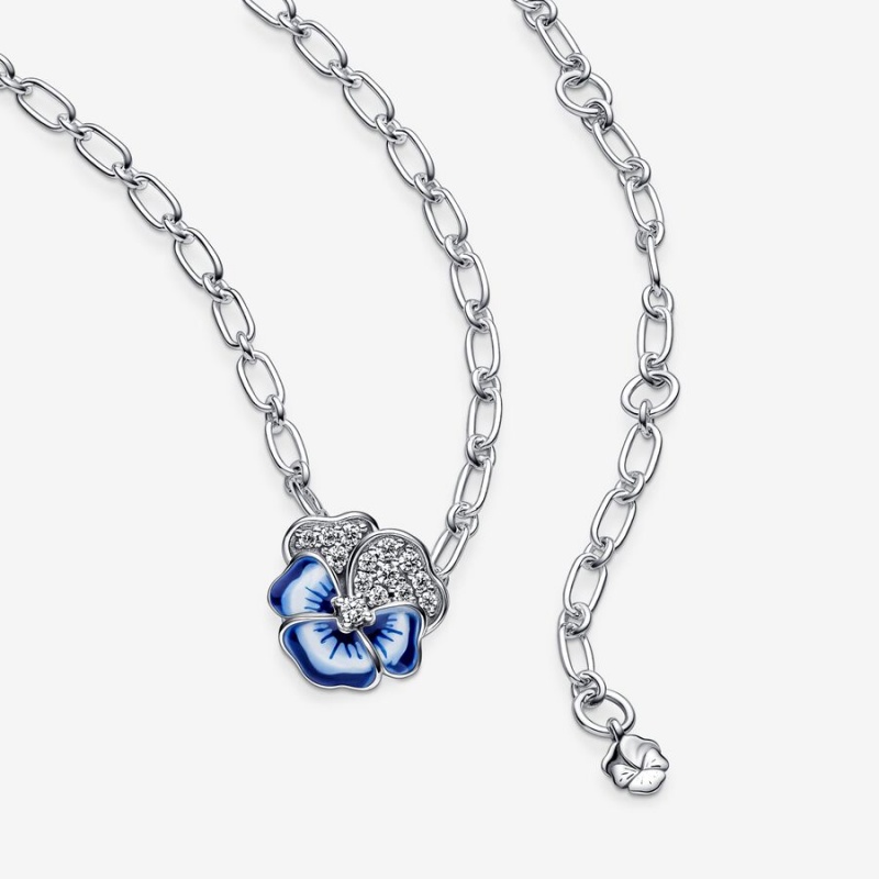 Pandora Blue Pansy Flower Pendant Necklaces Sterling Silver | 9180-RWADT