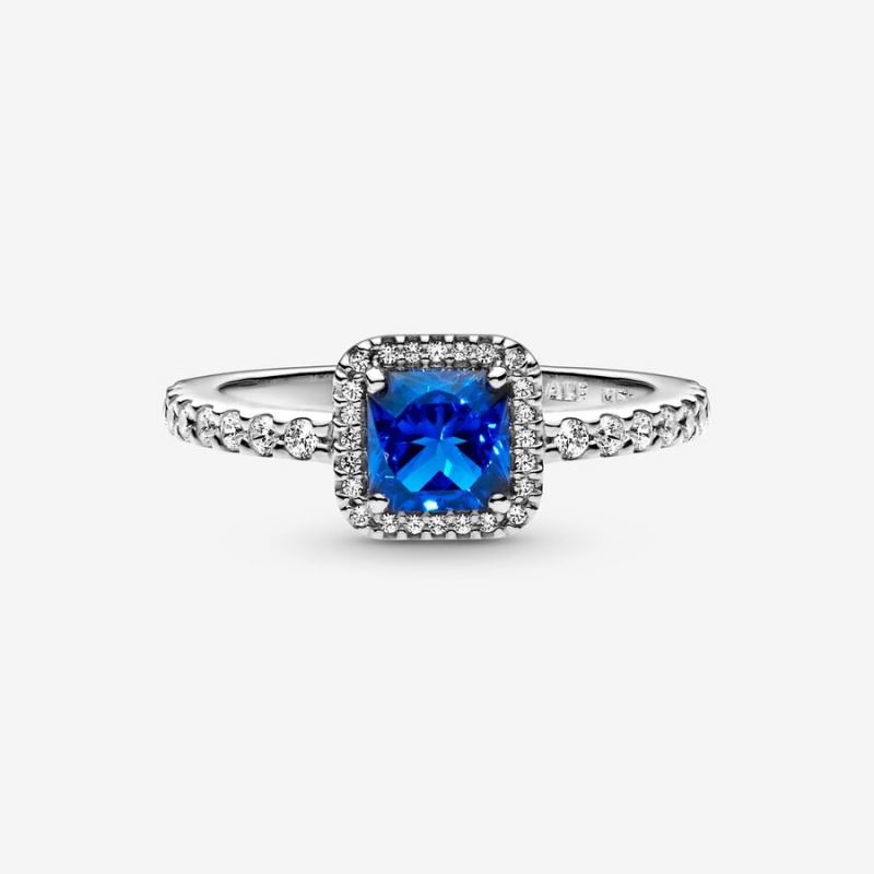 Pandora Blue Square Sparkle Halo Halo & Solitaire Rings Sterling Silver | 3684-TPUSK