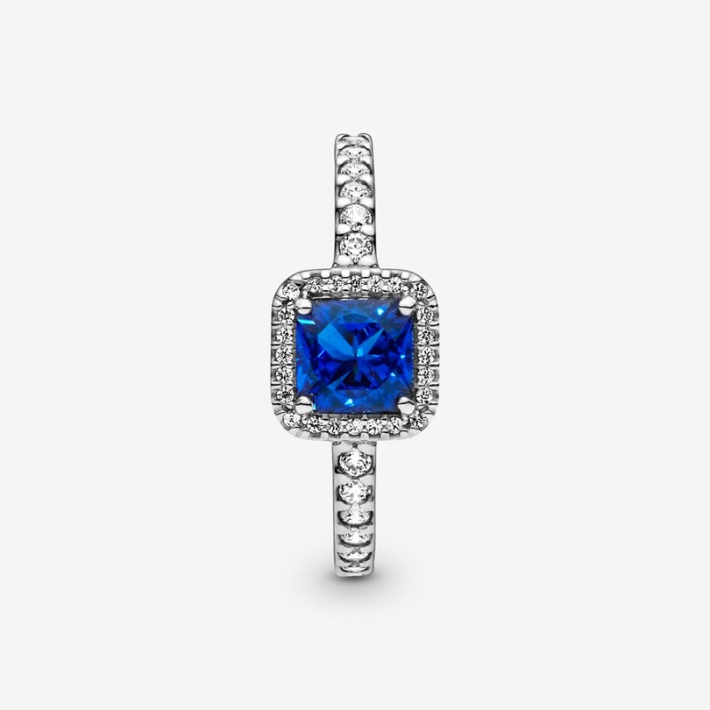 Pandora Blue Square Sparkle Halo Halo & Solitaire Rings Sterling Silver | 3684-TPUSK