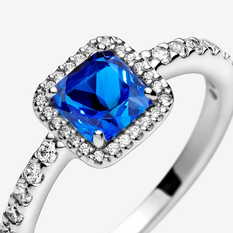 Pandora Blue Square Sparkle Halo Halo & Solitaire Rings Sterling Silver | 3684-TPUSK