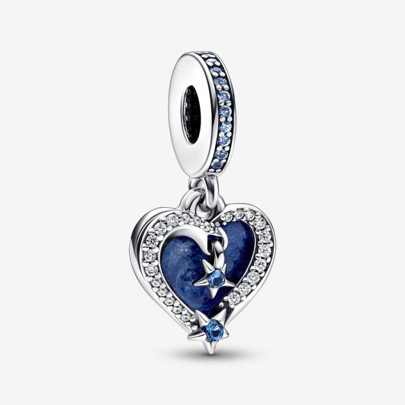 Pandora Celestial Shooting Star Heart Double Dangle Dangle Charms Sterling Silver | 1768-GNYLP