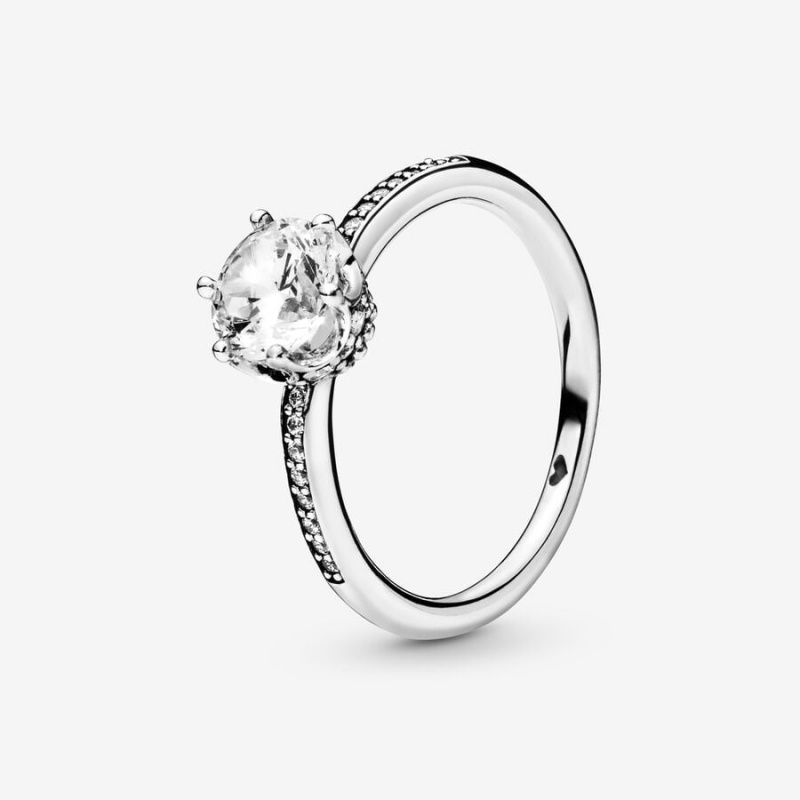 Pandora Clear Sparkling Crown Solitaire Halo & Solitaire Rings Sterling Silver | 7286-HCJVB