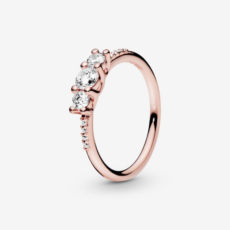 Pandora Clear Three-Stone Heart & Promise Rings Rose Gold Plated | 2764-DOLAF