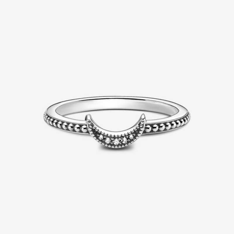 Pandora Crescent Moon Beaded Statement Rings Sterling Silver | 7348-OBVPW