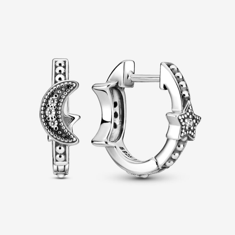 Pandora Crescent Moon & Stars Beaded Hoop Earrings Sterling Silver | 2695-SFLPK