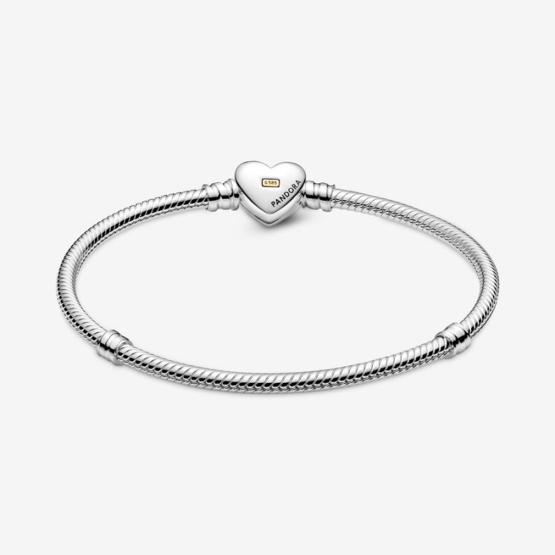 Pandora Domed Golden Heart Clasp Snake Charm Bracelets Two-tone | 4708-KTAUX