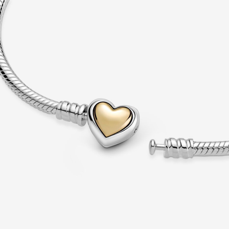 Pandora Domed Golden Heart Clasp Snake Charm Bracelets Two-tone | 4708-KTAUX