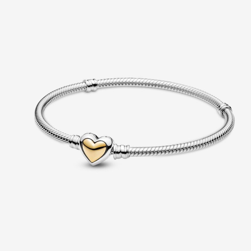 Pandora Domed Golden Heart Clasp Snake Charm Bracelets Two-tone | 4708-KTAUX