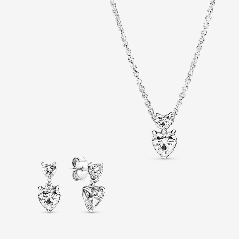 Pandora Double Heart Pendant Sparkling Collier Necklace Pendant Necklaces Sterling Silver | 1873-NQLRS