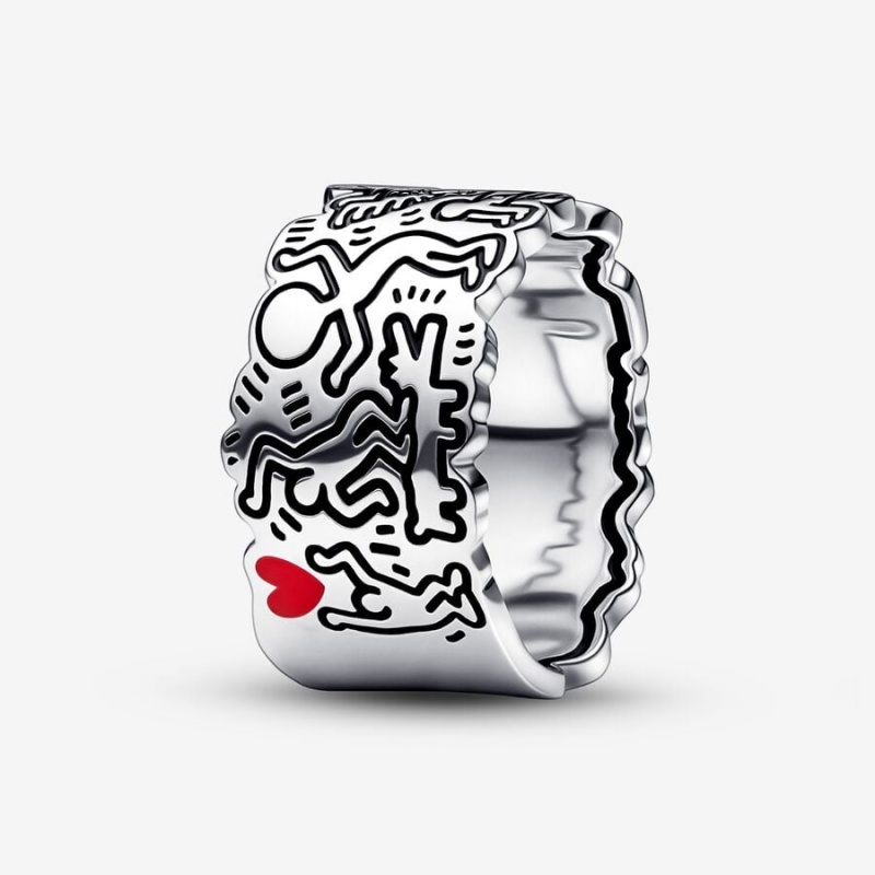 Pandora Keith Haring™ x Line Art Love and People Wide Band Rings Sterling Silver | 0512-NTDHB