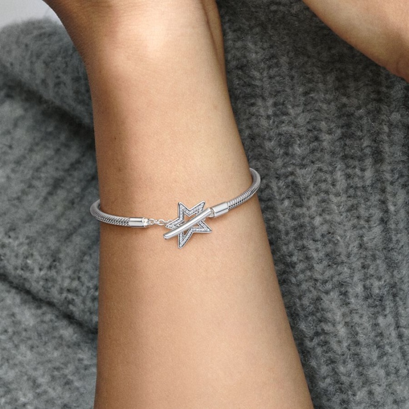 Pandora Moments Asymmetric Star T-bar Snake Charm Bracelets Sterling Silver | 2439-HUPWT