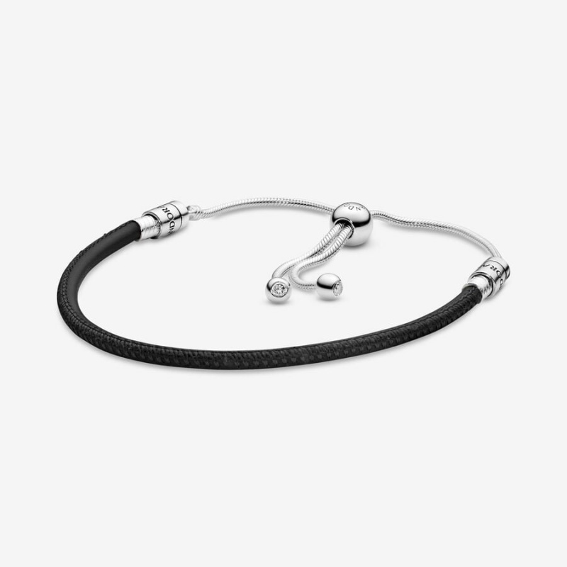 Pandora Moments Black Leather Slider Leather Bracelets Sterling Silver | 4695-DHFEK