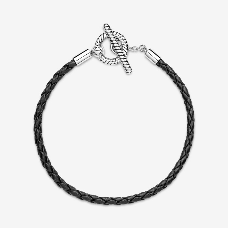 Pandora Moments Braided Leather T-bar Charm Holders Sterling Silver | 9382-CHXPF