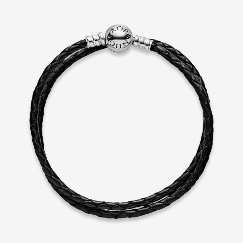 Pandora Moments Double Black Leather Charm Bracelets Sterling Silver | 0317-WXJPF