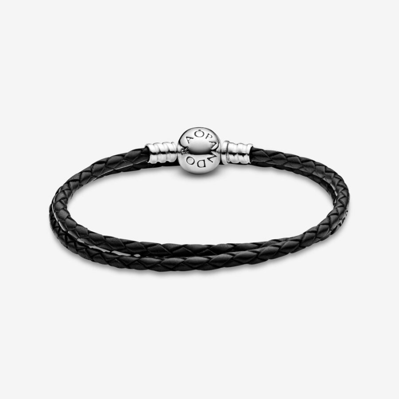 Pandora Moments Double Black Leather Charm Bracelets Sterling Silver | 0317-WXJPF