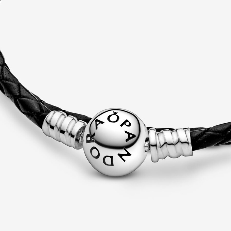 Pandora Moments Double Black Leather Charm Bracelets Sterling Silver | 0317-WXJPF