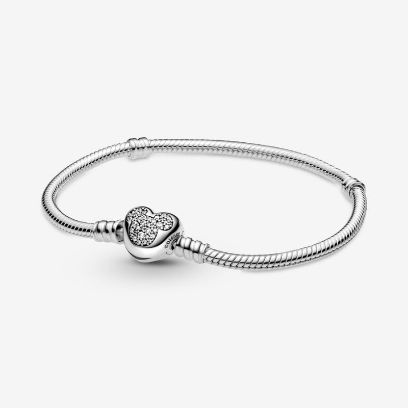 Pandora Moments Mickey Mouse Heart Clasp Snake Chain Bracelets Sterling Silver | 9652-UHOXW