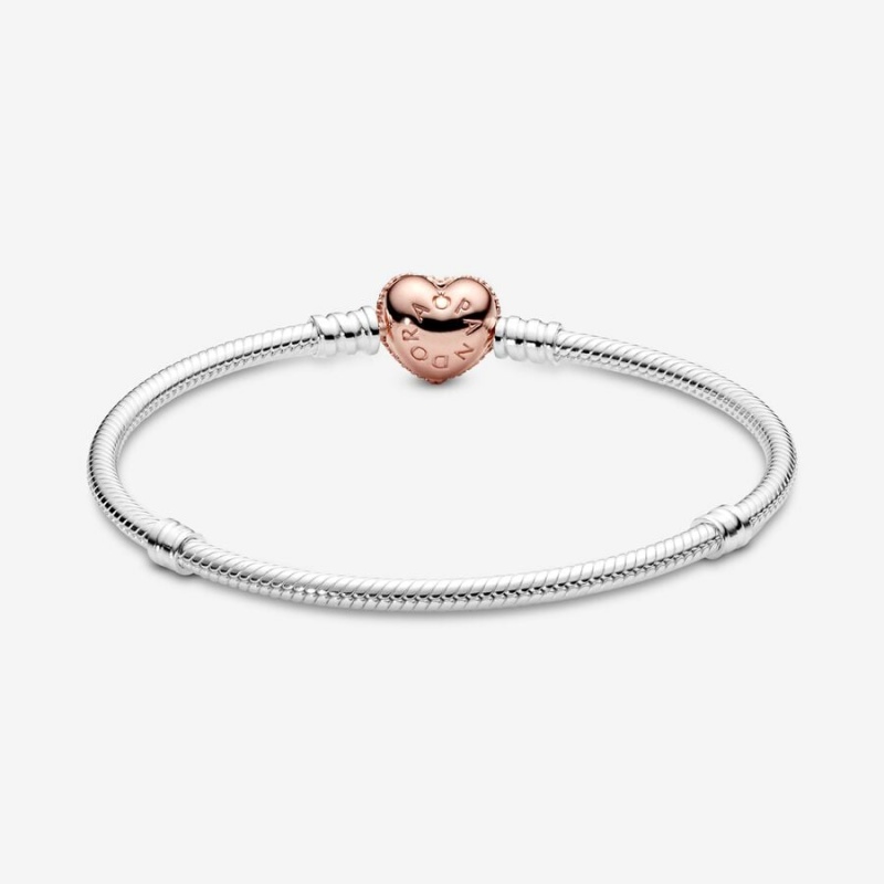 Pandora Moments Pavé Heart Clasp Snake Chain Bracelets Two-tone | 1873-EOTWF