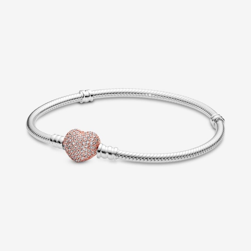 Pandora Moments Pavé Heart Clasp Snake Chain Bracelets Two-tone | 1873-EOTWF