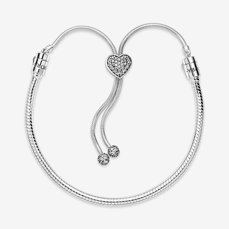 Pandora Moments Pavé Heart Clasp Snake Slider Sliding Bracelets Sterling Silver | 3412-QLPAY