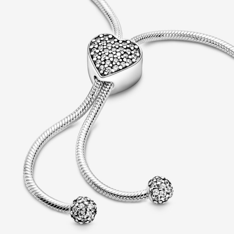 Pandora Moments Pavé Heart Clasp Snake Slider Sliding Bracelets Sterling Silver | 3412-QLPAY