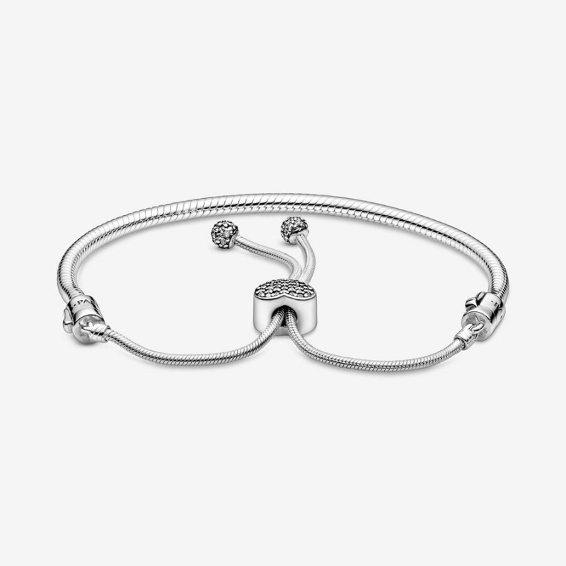 Pandora Moments Pavé Heart Clasp Snake Slider Sliding Bracelets Sterling Silver | 3412-QLPAY