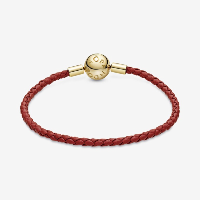 Pandora Moments Red Woven Leather Charm Bracelets Gold Plated | 7925-PEVKQ