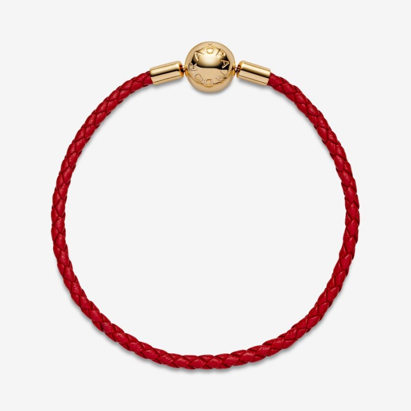 Pandora Moments Red Woven Leather Charm Bracelets Gold Plated | 7925-PEVKQ