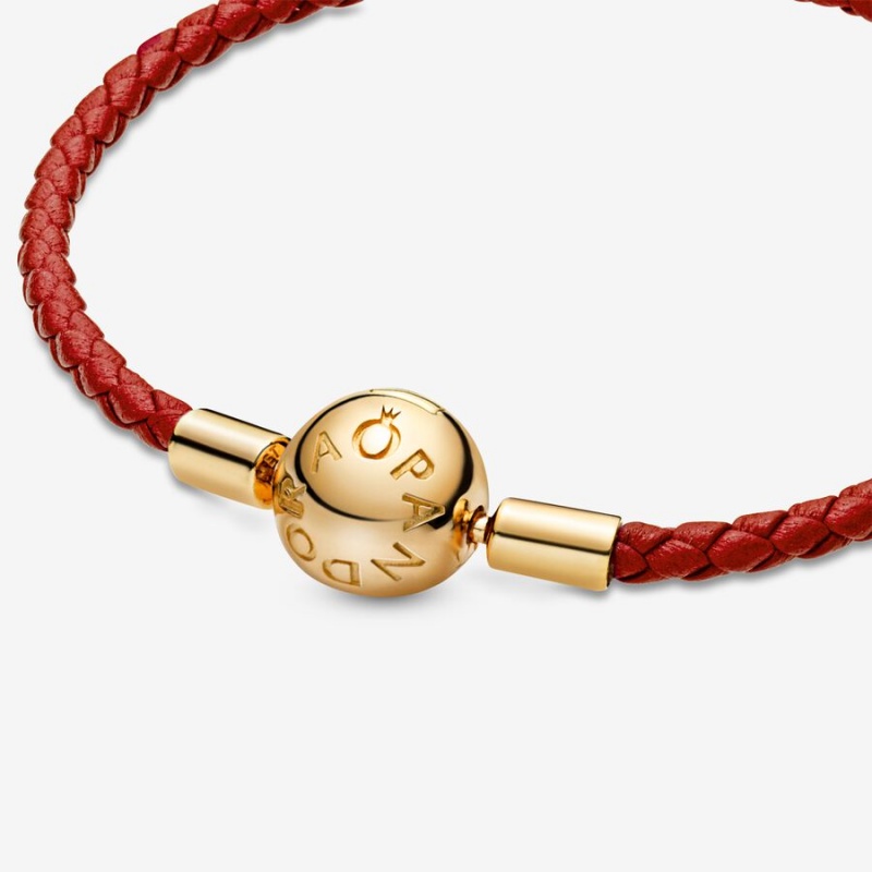 Pandora Moments Red Woven Leather Charm Bracelets Gold Plated | 7925-PEVKQ