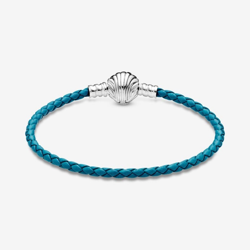 Pandora Moments Seashell Clasp Turquoise Braided Leather Bracelets Sterling Silver | 8716-XINKA