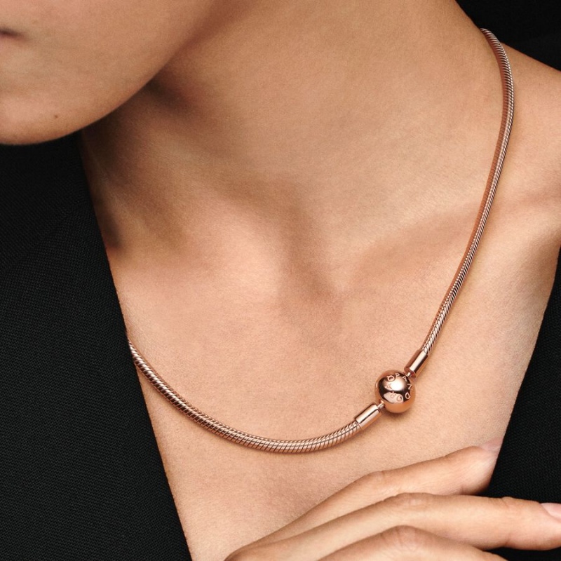 Pandora Moments Snake Chain Necklaces Rose Gold Plated | 8340-PIJCA