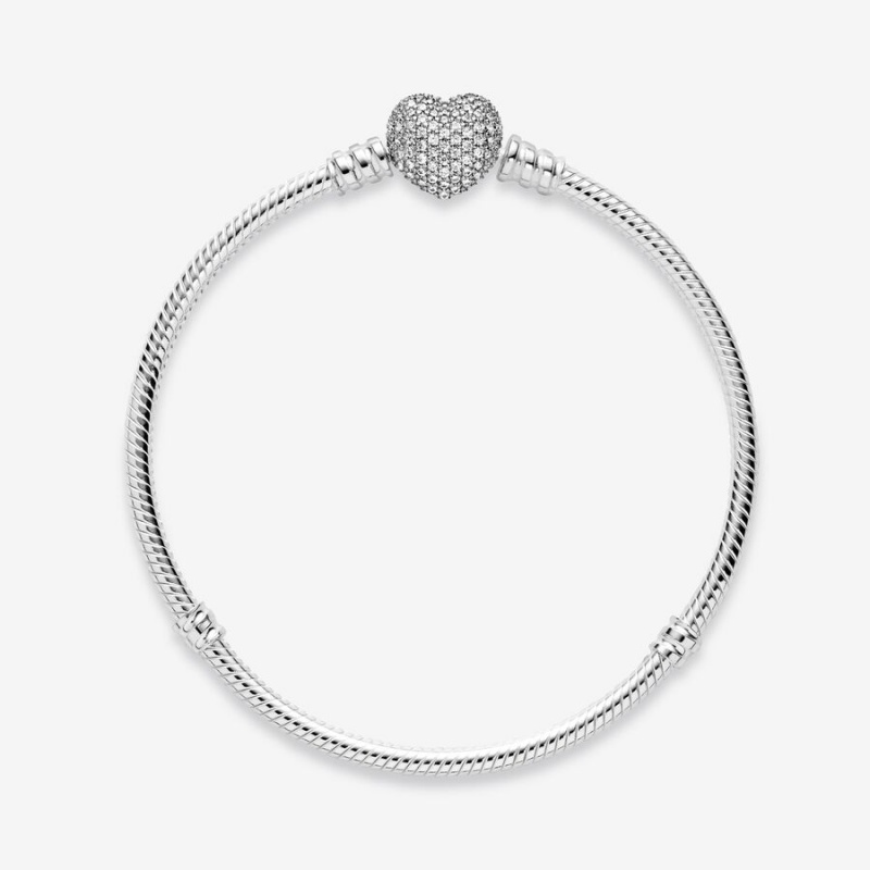 Pandora Moments Sparkling Heart Clasp Snake Charm Bracelets Sterling Silver | 8437-JUREF