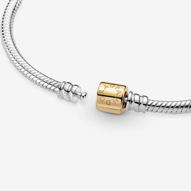 Pandora Moments Two-tone Barrel Clasp Snake Chain Bracelets Two-tone | 0138-IQAKY