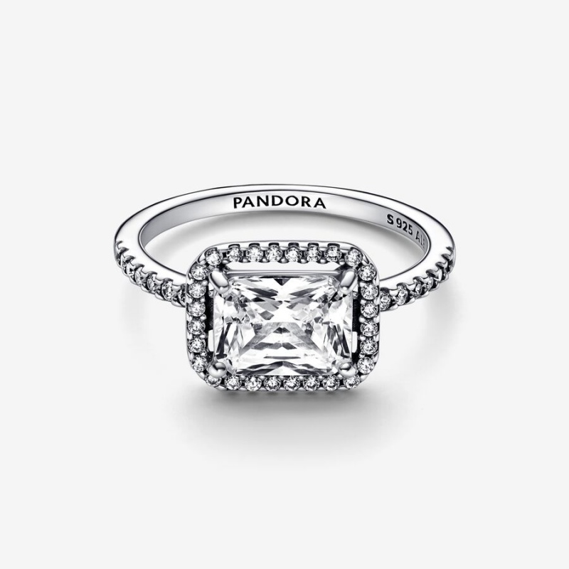 Pandora Rectangular Sparkling Halo Statement Rings Sterling Silver | 4915-ZPDYA